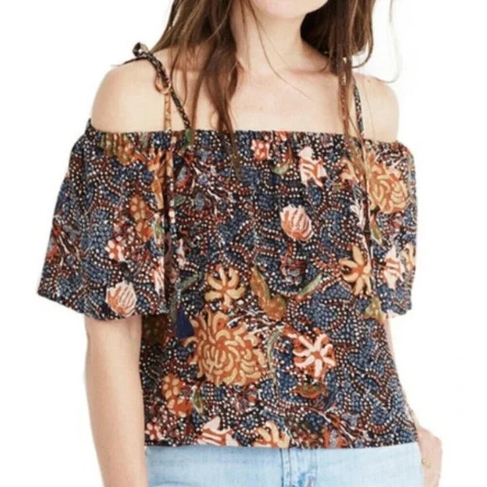 MADEWELL 100% SILK SEA FLORAL COLD SHOULDER TOP